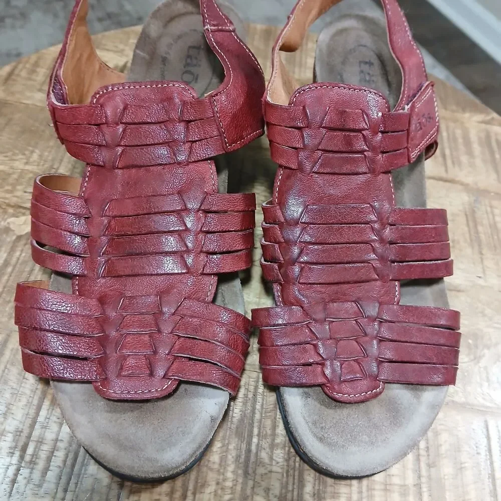 Taos Red Leather Woven Wedge Sandals Huarache Strappy Comfort Shoes EU 39 US 8 - Picture 10 of 16